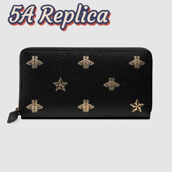 Replica Gucci GG Unisex Bee Star Leather Zip Around Wallet in Black Metal-Free Tanned Leather