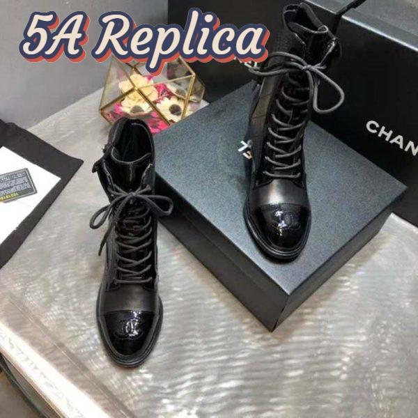 Replica Chanel Women Patent Calfskin & Crumpled Calfskin Ankle Boots-Black 9