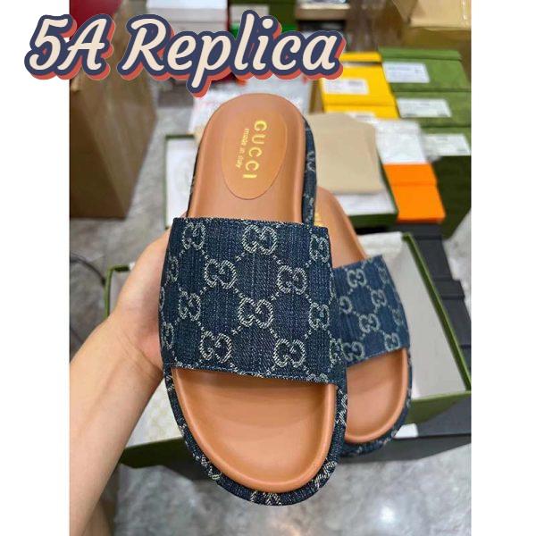 Replica Gucci Unisex Platform Slide Sandal Dark Blue Ivory Eco Washed Organic GG Jacquard Denim 5