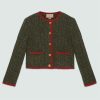 Replica Gucci Women GG Cable Knit Wool Jacket Dark Green Cable Knit Wool Green Red Stripe
