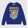 Replica Gucci Women GG Tiger Cotton Sweatshirt Blue Felted Jersey Crewneck