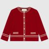 Replica Gucci Women Wool Jacket with Contrast Trim Besom Pockets Crew Neck-Red