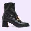 Replica Gucci Women Boot Horsebit Black Smooth Stretch Leather Gold Plated Block Mid Heel