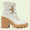 Replica Gucci Women GG Ankle Boot Buckles White Leather Rubber Sole Mid-Heel