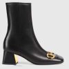 Replica Gucci Women GG Mid-Heel Ankle Boot Horsebit Black Leather 6 Cm Heel