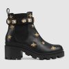 Replica Gucci Women Gucci Embroidered Leather Ankle Boot with Belt in Black leather 6 cm Heel