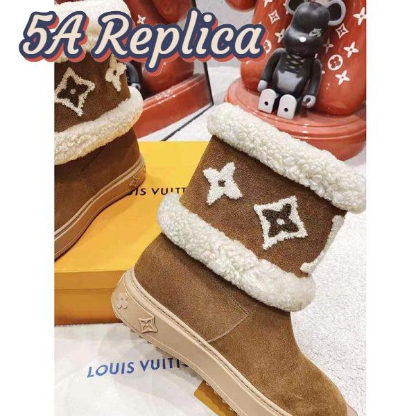 Replica Louis Vuitton LV Women Snowdrop Flat Ankle Boot Cognac Brown Suede Calf Shearling 10