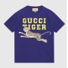 Replica Gucci GG Men Gucci Tiger Cotton T-Shirt Blue Cotton Jersey Crewneck