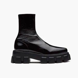 Replica Prada Women Monolith Pointy Technical Patent Leather Booties